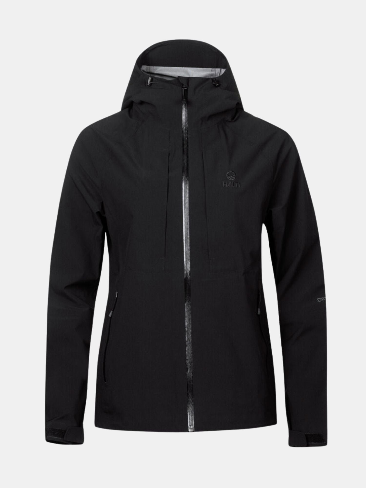 Halti Kaarna Damen DX 3L Regenjacke, schwarz, wasserdicht mit Reißverschluss und Taschen für Outdoor-Aktivitäten.