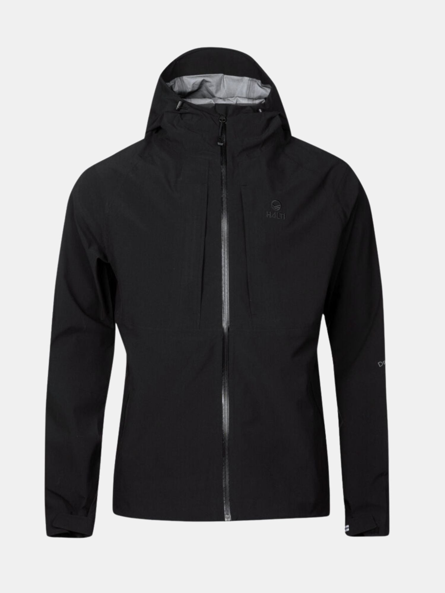 Die Halti Kaarna Herren DrymaxX 3L Regenjacke in schwarz hat eine Kapuze, einen Frontreißverschluss und zwei Brusttaschen.