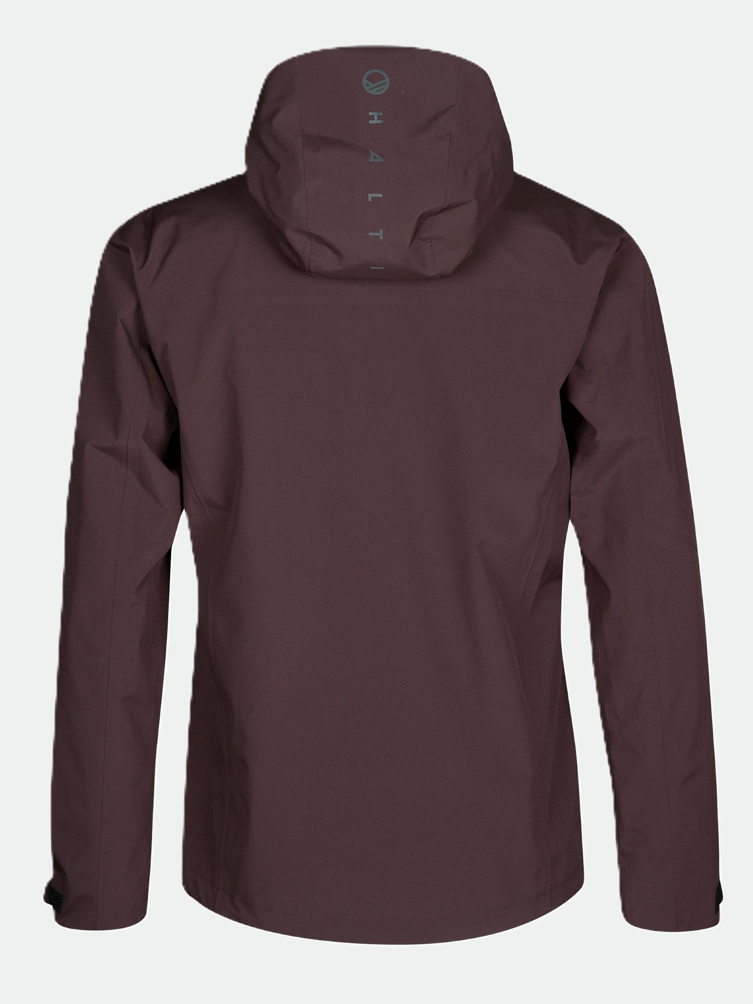 Die Halti Juonto DrymaxX Herren Regenjacke in kastanienbraun, von hinten gesehen, hat ein Logo und Text auf der Kapuze.