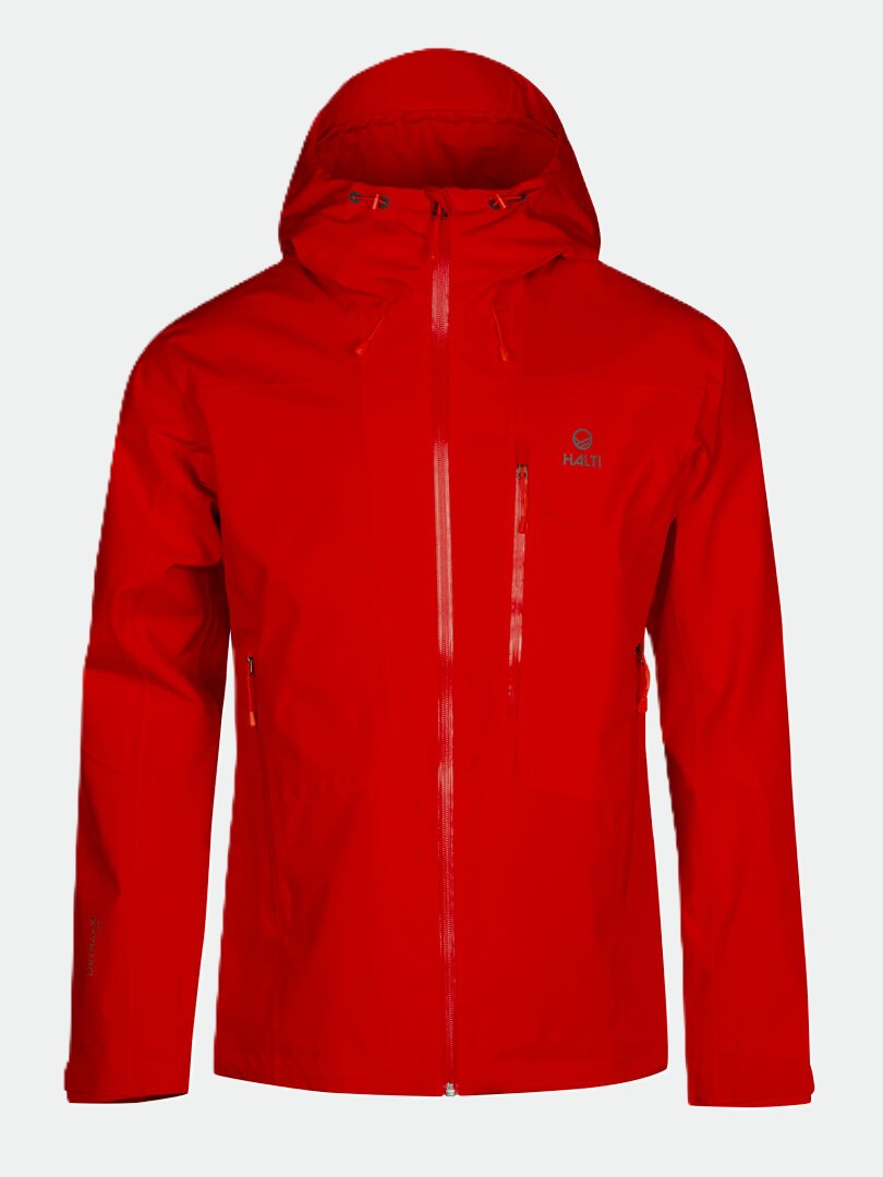 Die Halti Juonto DrymaxX Herren Regenjacke in leuchtendem Rot mit Frontreißverschluss und Reißverschlusstaschen an Brust und Seiten.
