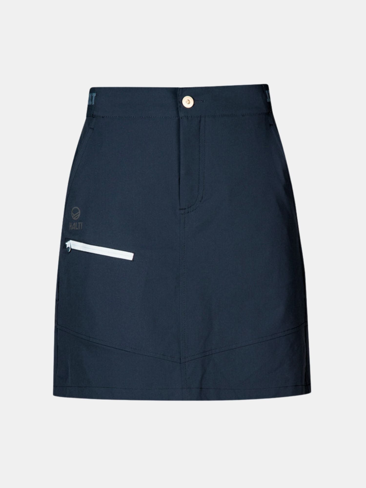 Ein dunkelblauer Halti Pallas Damen Lite X-Stretch-Rock mit einem Knopf vorne und einer weißen Reißverschlusstasche links.