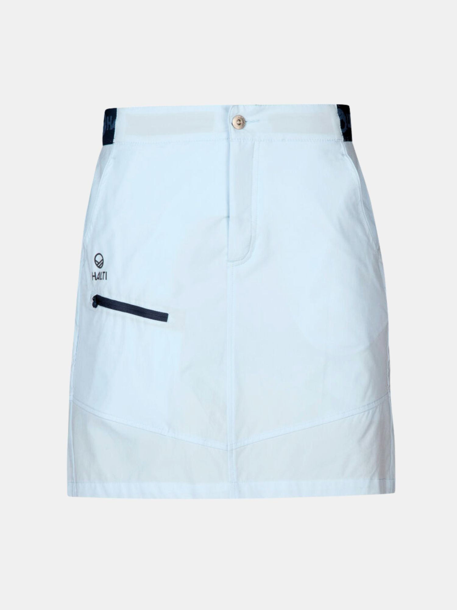 Halti Pallas Damen Lite X-Stretch-Rock in Hellblau mit Knopf vorne, Reißverschlusstasche und schwarzem Logo oben links.