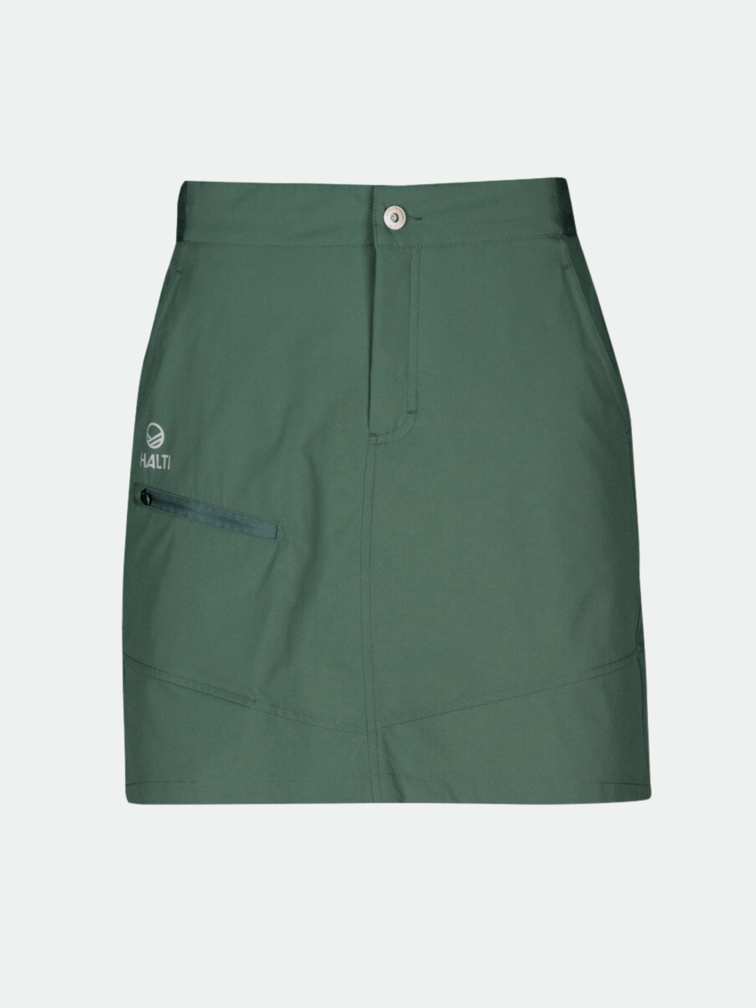 Ein grüner Halti Pallas Damen Lite X-Stretch Rock mit Knopfleiste, Reißverschluss, Seitentasche und Logo auf der linken Seite.