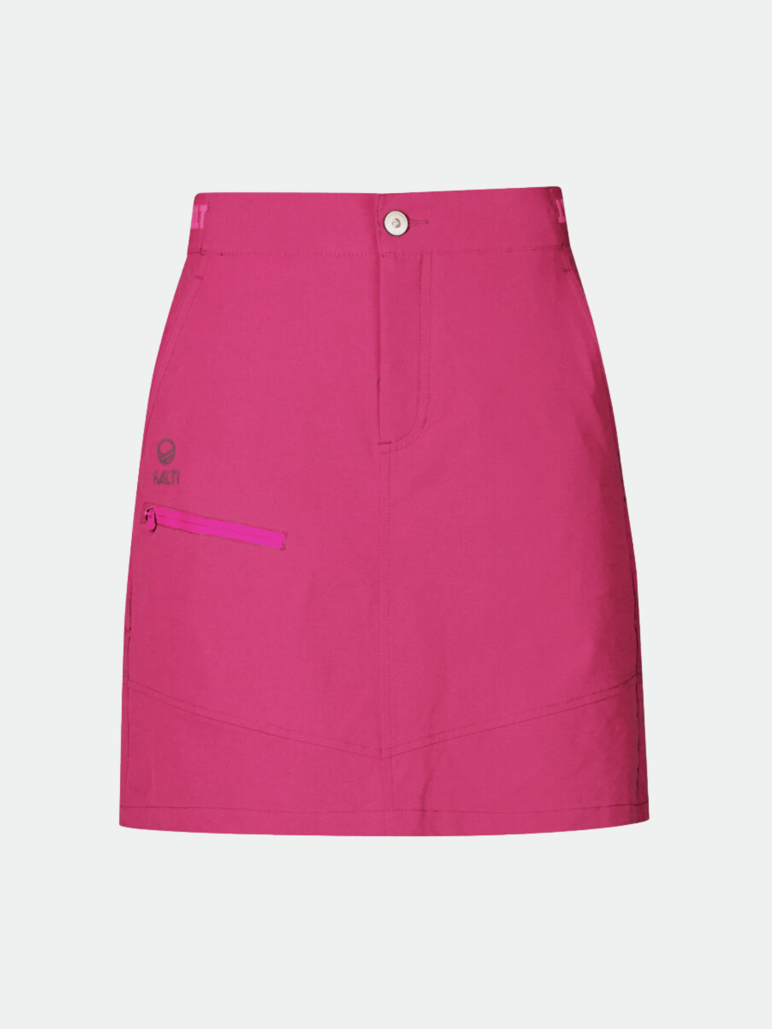 Der Halti Pallas Damen Lite X-stretch Rock ist ein knielanger, pinkfarbener Outdoor-Skort mit Knopfleiste, Reißverschluss und linker Reißverschlusstasche.