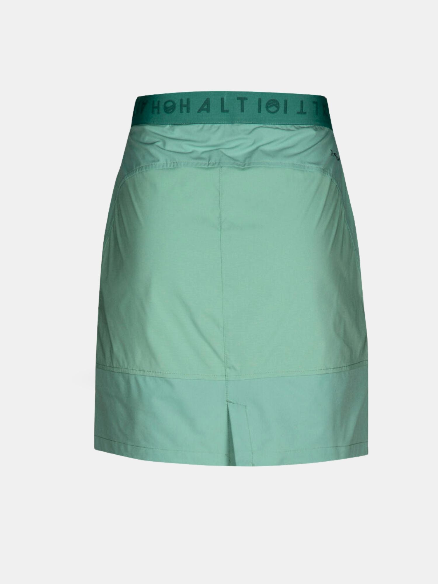 Hellgrüner Halti Pallas Damen Lite X-Stretch Rock, dunkelgrüner Bund, schnelltrocknender Stoff, einfarbiger Hintergrund.