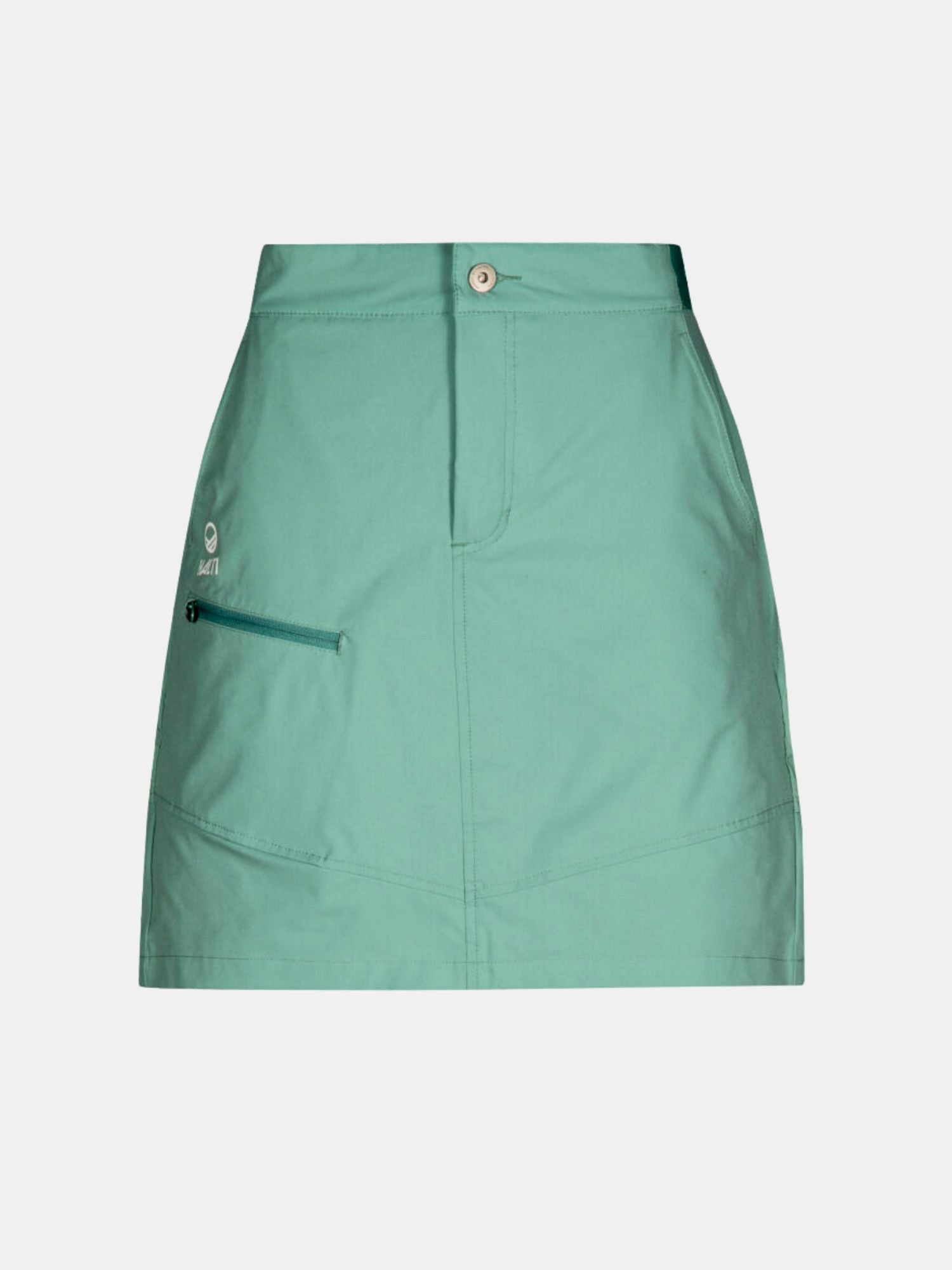 Halti Pallas Damen Lite X-Stretch Rock: Hellblaugrün, knielang, schnelltrocknend, Reißverschlusstasche vorne, Knopfverschluss.