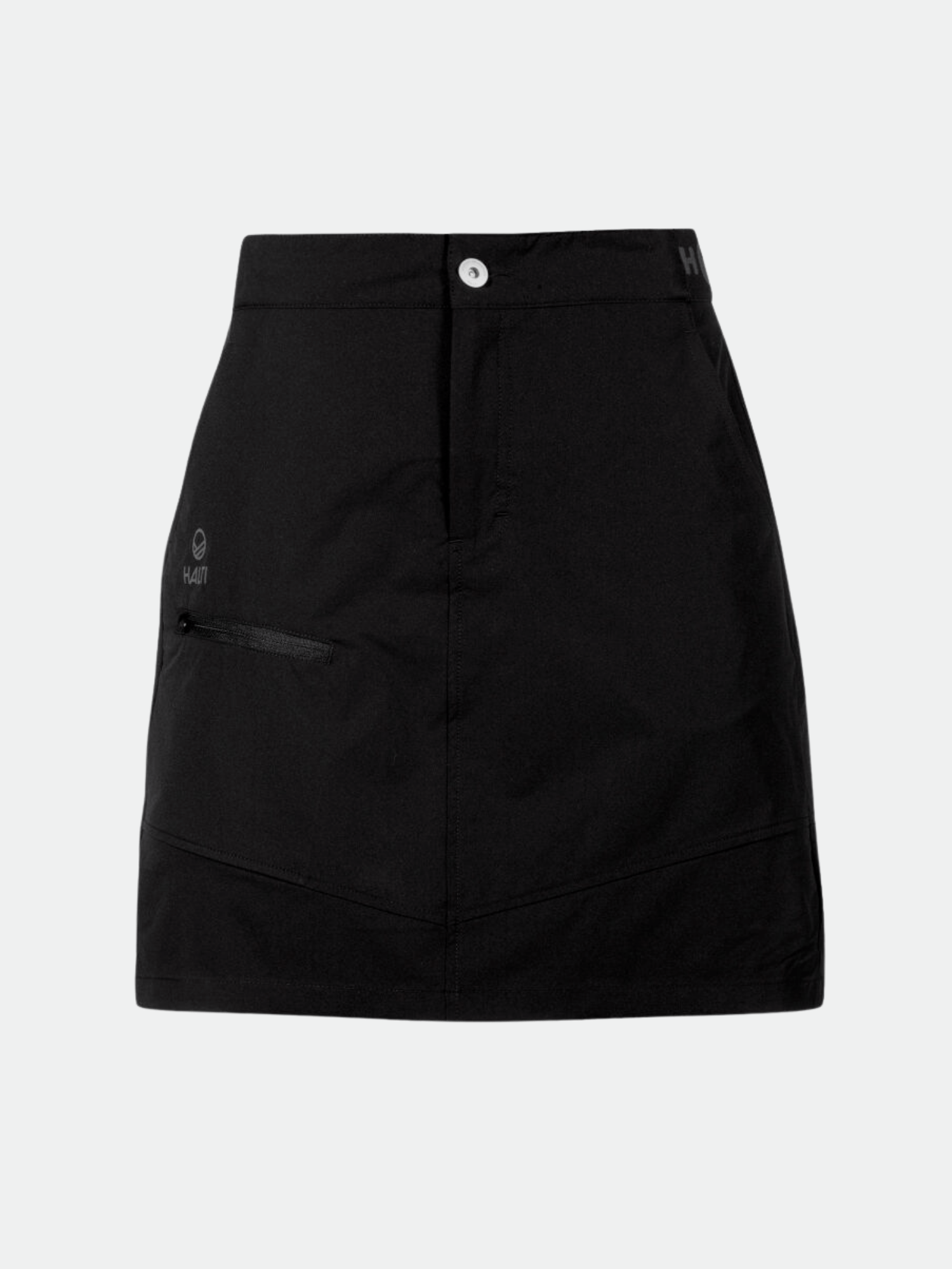 Der Halti Pallas Damen Lite X-stretch Rock ist ein schwarzer, knielanger Skort mit Knopfleiste, Reißverschluss und rechter Tasche.