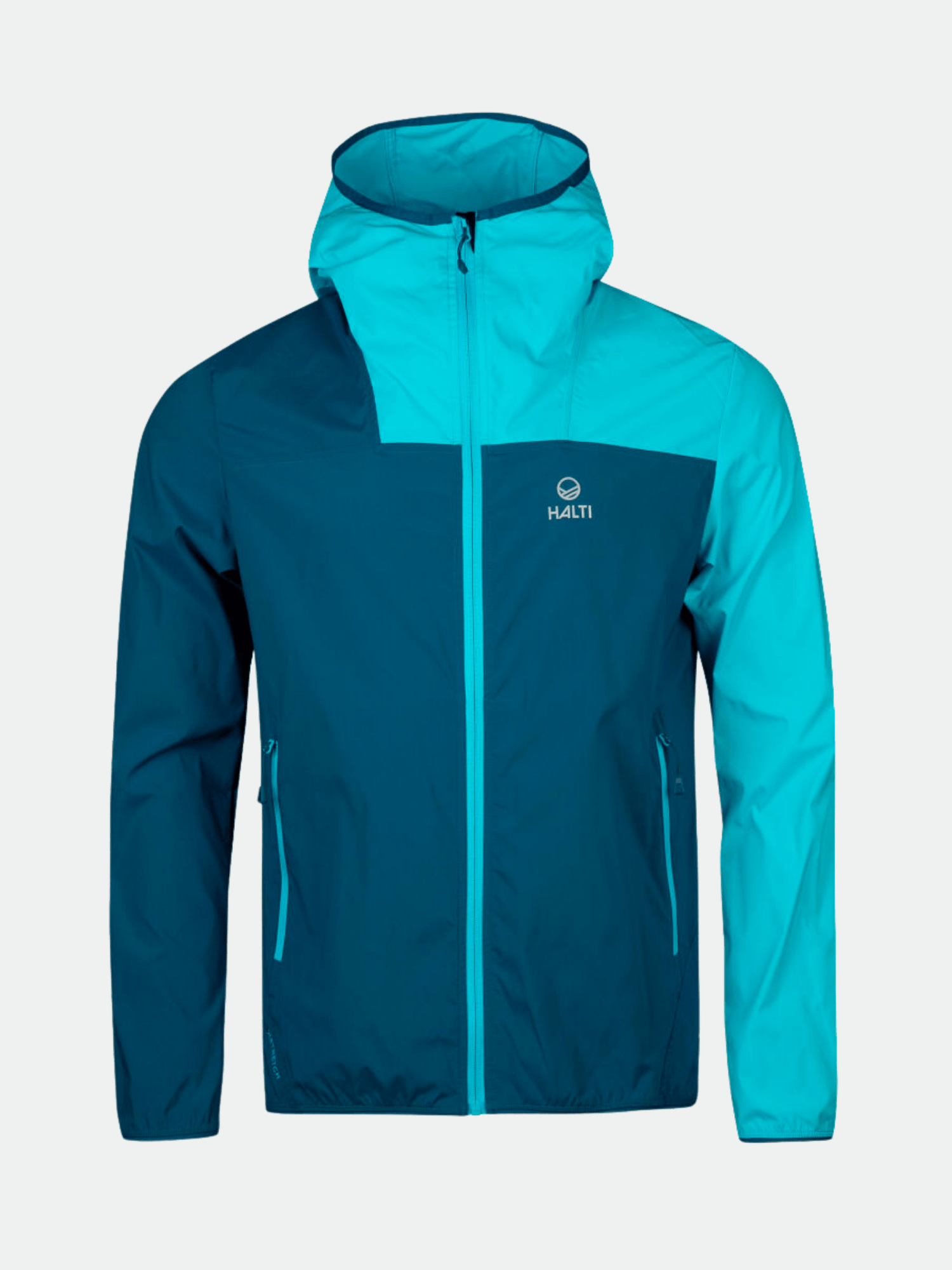 Teal/hellblaue Halti Pallas Herren Lite X-stretch Jacke mit Reißverschluss, Reißverschlusstaschen und kleinem Logo auf der linken Brust.