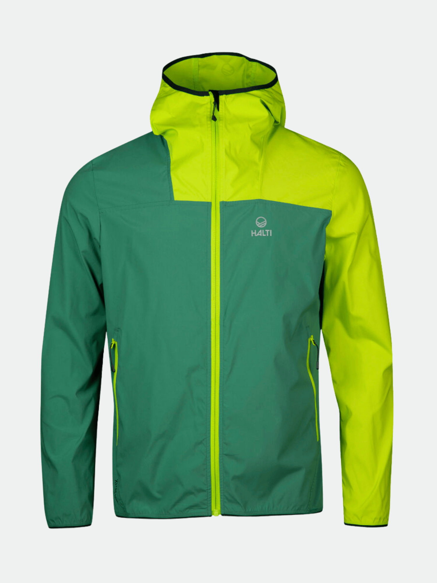 Halti Pallas Herren Lite X-stretch Jacke in grün/gelb mit Frontreißverschluss, zwei Taschen und Brustlogo.