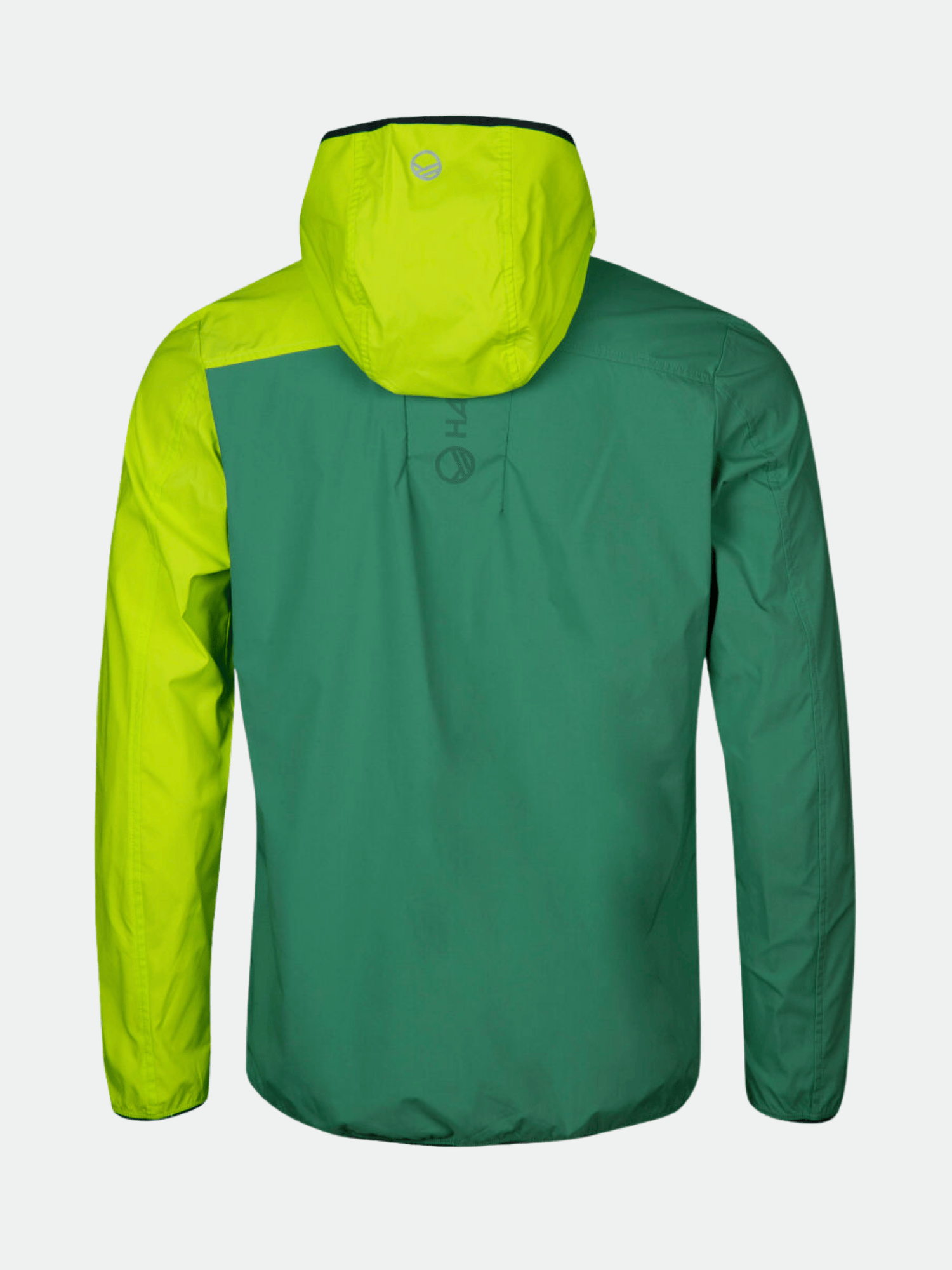 Eine grün-gelbe Halti Pallas Herren Lite X-stretch Jacke, die von hinten auf einem schlichten weißen Hintergrund gezeigt wird.