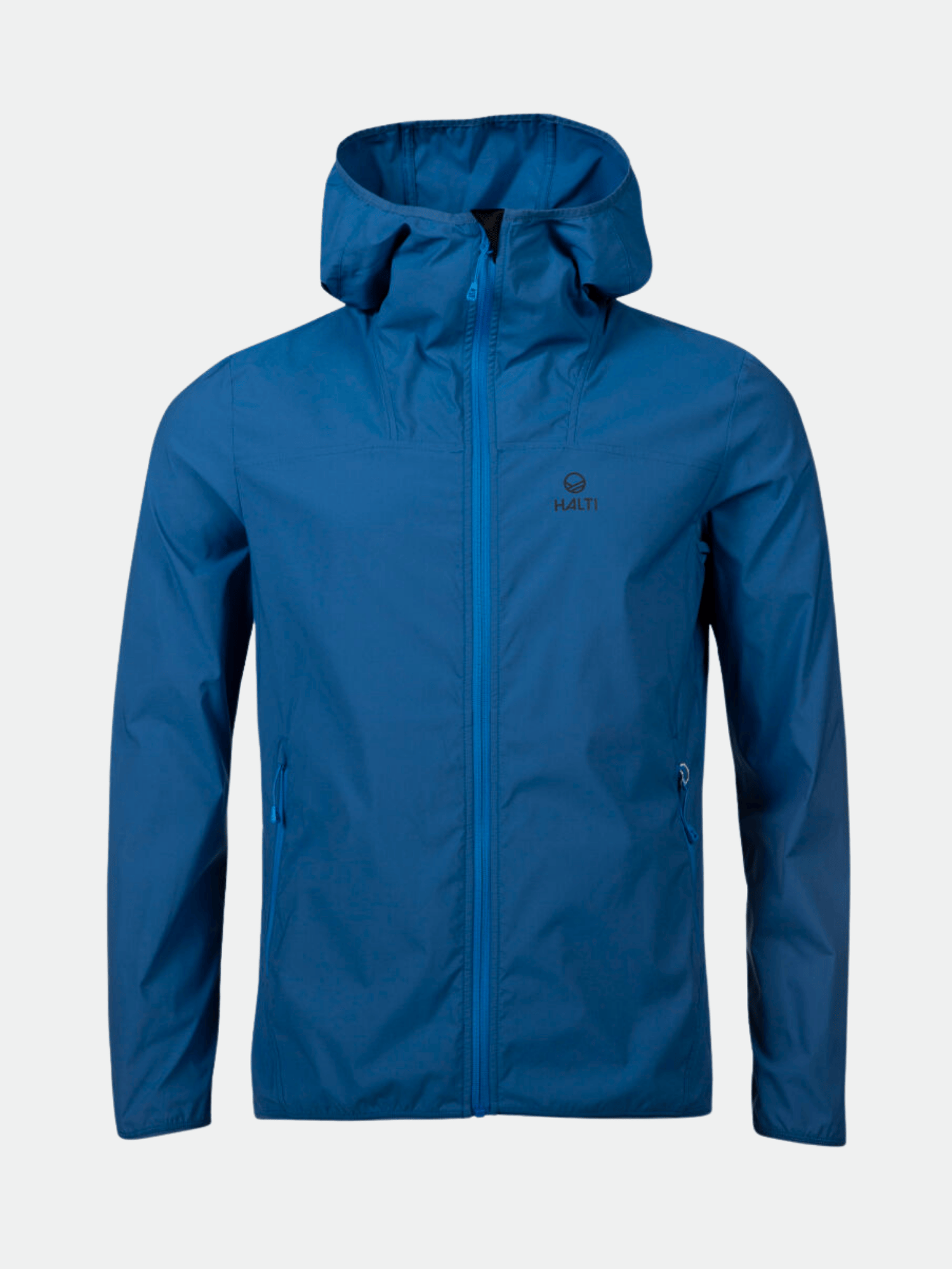 Halti Pallas Herren Lite X-stretch Jacke in blau, mit einem Frontreißverschluss und zwei Seitentaschen mit Reißverschluss, einfach ausgestellt.