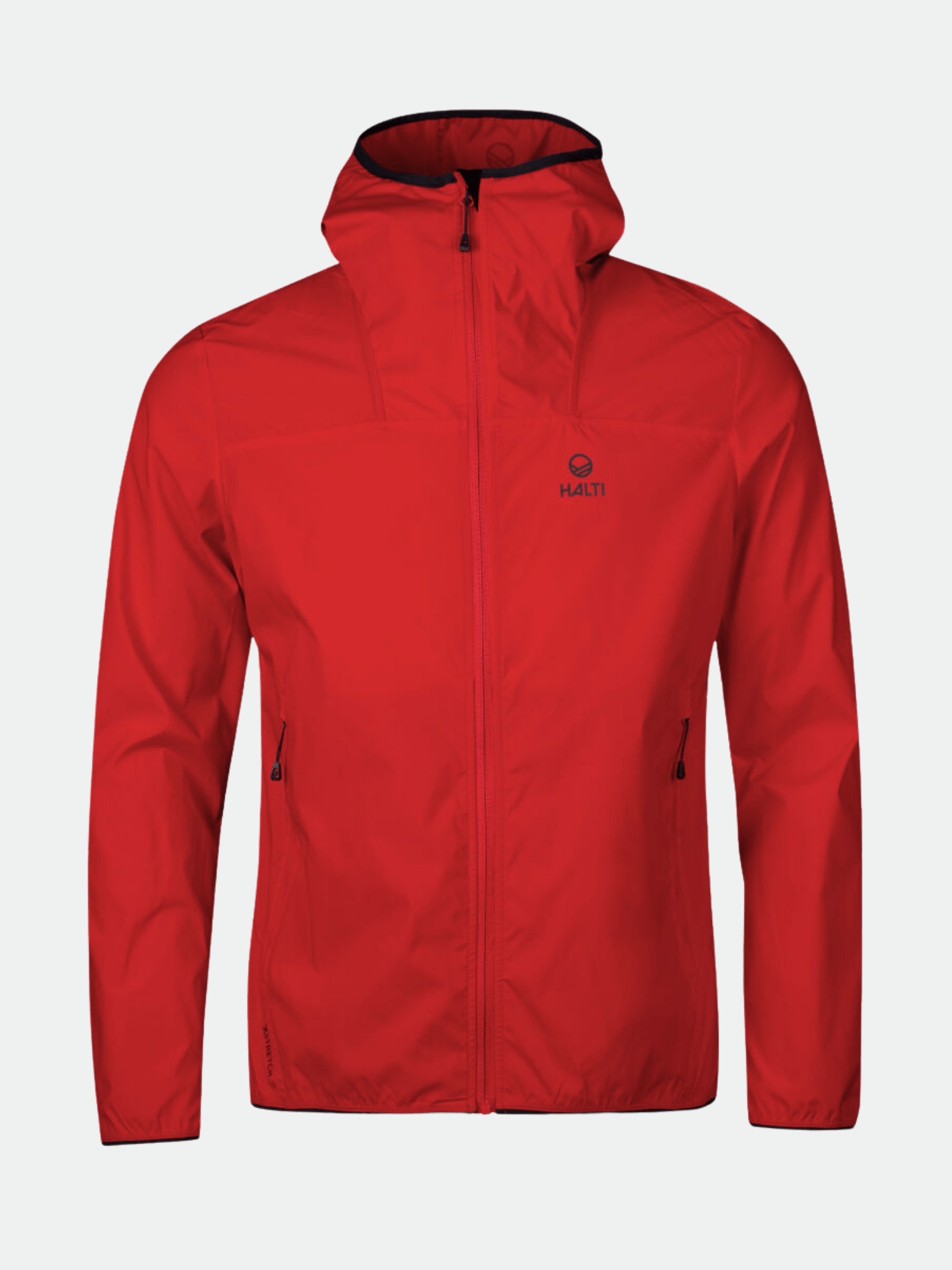 Eine rote Halti Pallas Herren Lite X-stretch Jacke mit Frontreißverschluss, Reißverschlusstaschen und einem kleinen Brustlogo.