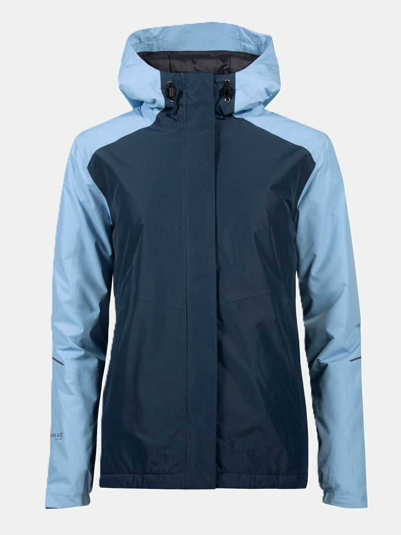 Die Halti Fort Damen Warm Regenjacke hat eine dunkelblaue Vorderseite, hellblaue Ärmel und eine Kapuze auf einem einfarbigen Hintergrund.