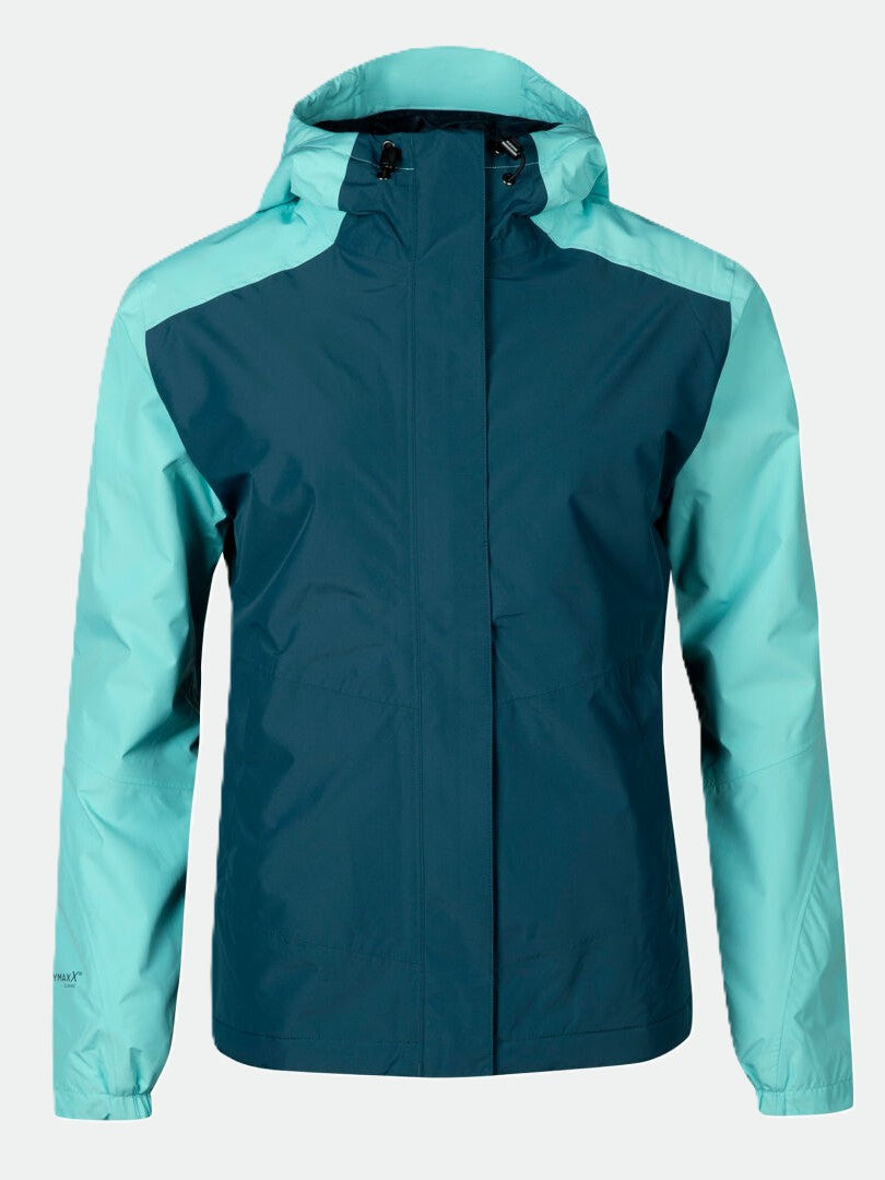 Die Halti Fort Damen Warm Regenjacke ist eine wasserdichte, zweifarbige, tealfarbene Outdoor-Jacke mit Kapuze auf einfarbigem Grund.