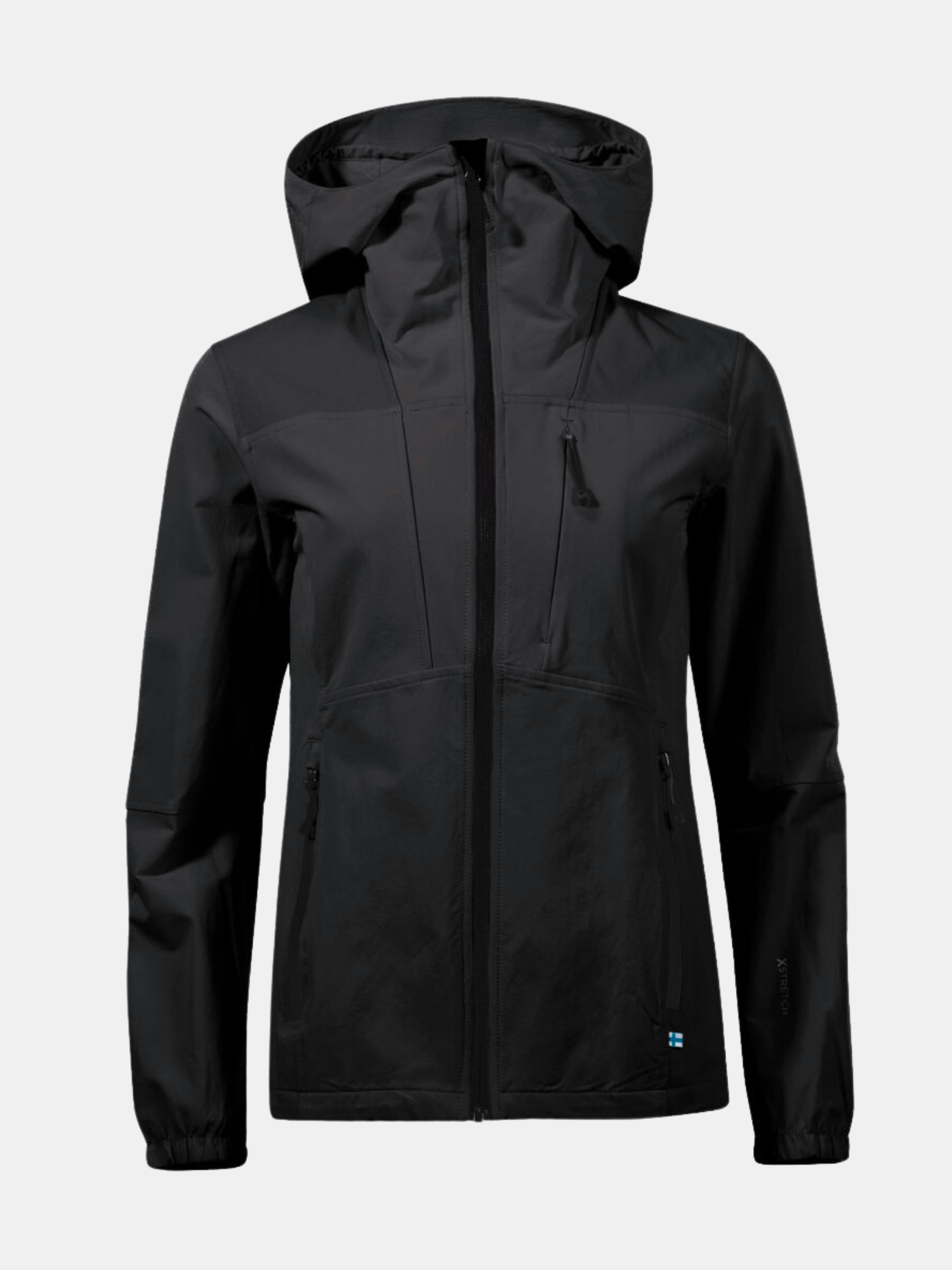 Eine schwarze Halti Pallas Plus Damen Warm X-Stretch Jacke mit Kapuze und Taschen, abgebildet auf einem schlichten hellen Hintergrund.