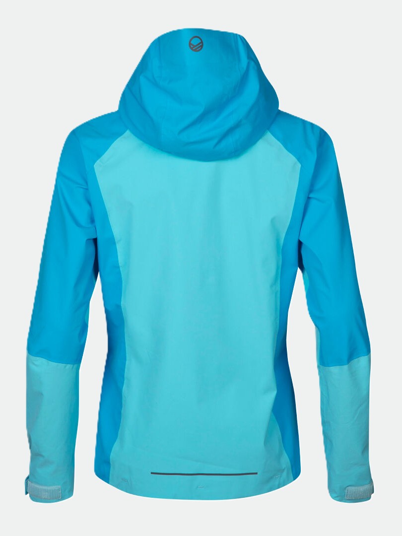 Rückenansicht der Halti Biegga DX Regenjacke Damen in blau mit Kapuze, langen Ärmeln und tailliertem Design auf weißem Hintergrund.
