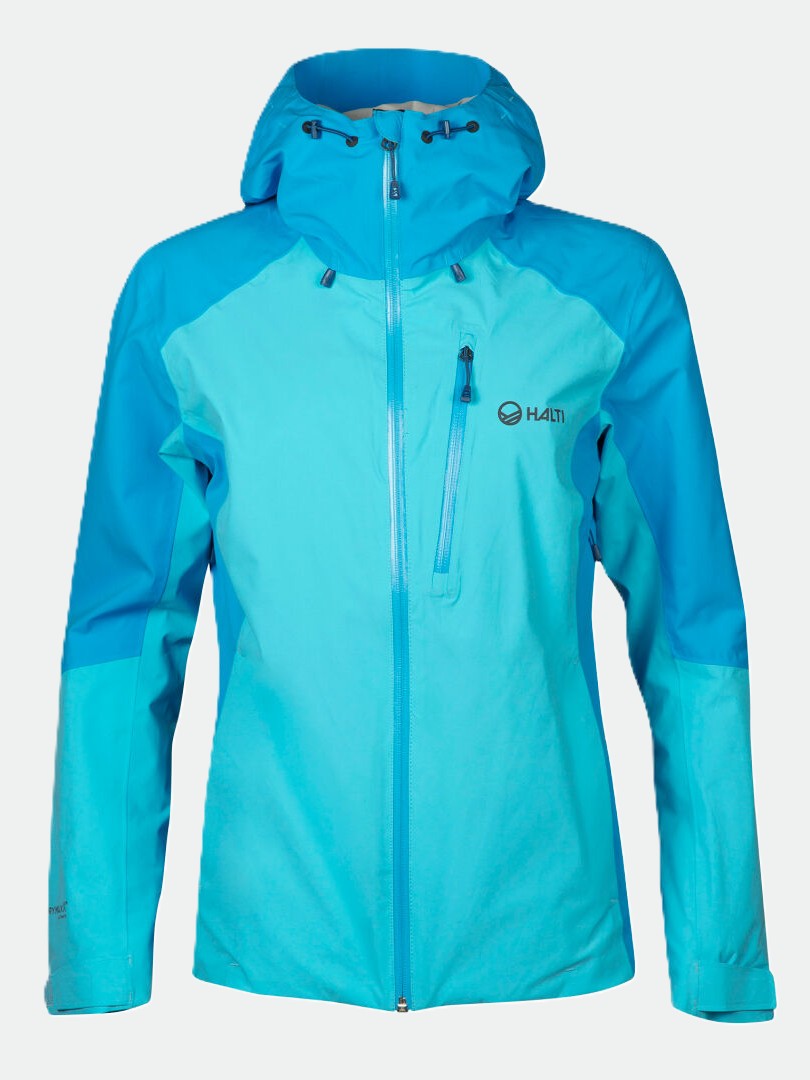 Die Halti Biegga Damen DrymaxX Regenjacke ist eine blaue wasserdichte Jacke mit Frontreißverschluss und Brusttasche mit Reißverschluss.