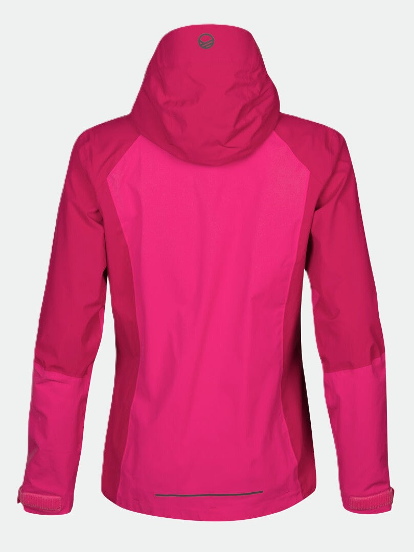 Die Halti Biegga DX Regenjacke Damen in leuchtendem Pink mit Kapuze ist von hinten auf weißem Grund abgebildet.