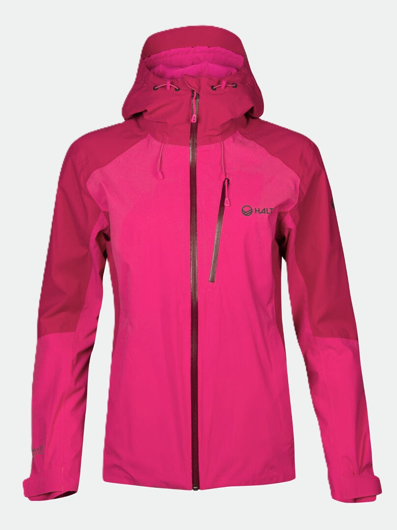 Halti Biegga DX Regenjacke Damen in leuchtendem Pink mit Frontreißverschluss, Brusttasche und langen Ärmeln auf einfarbigem Hintergrund.