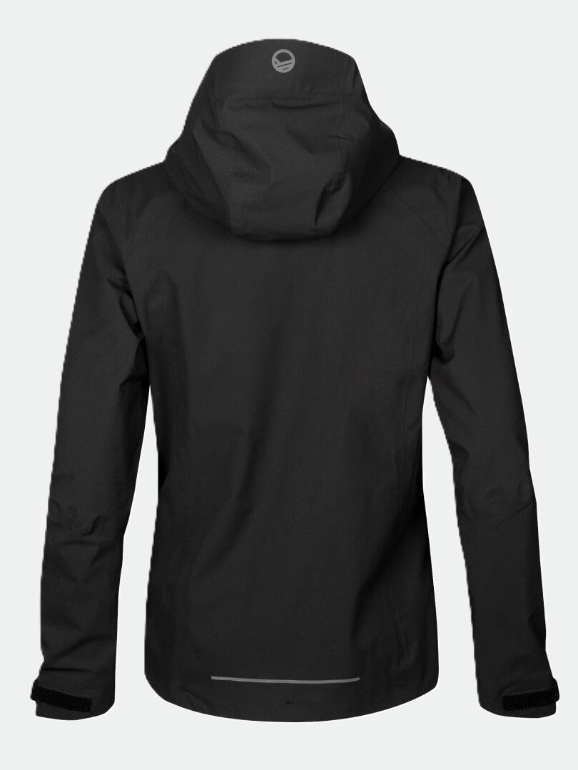 Rückansicht der Halti Biegga DX Regenjacke Damen: schwarz, wasserdicht mit DrymaxX-Membran & kleinem Logo auf dem oberen Rücken.