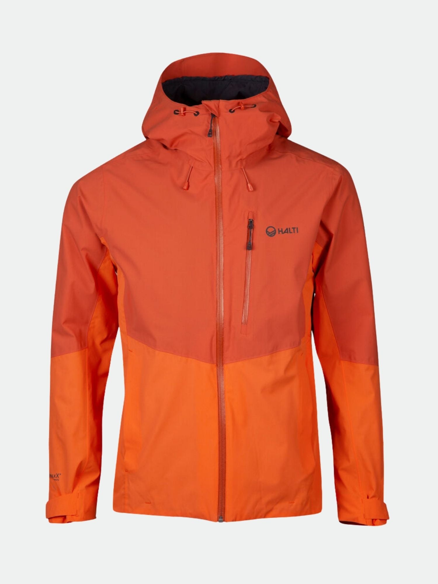 Die Biegga Herren DX Regenjacke von Halti ist eine zweifarbige, orangefarbene, wasserdichte Jacke mit Kapuze und Brusttasche – perfekt zum Wandern.