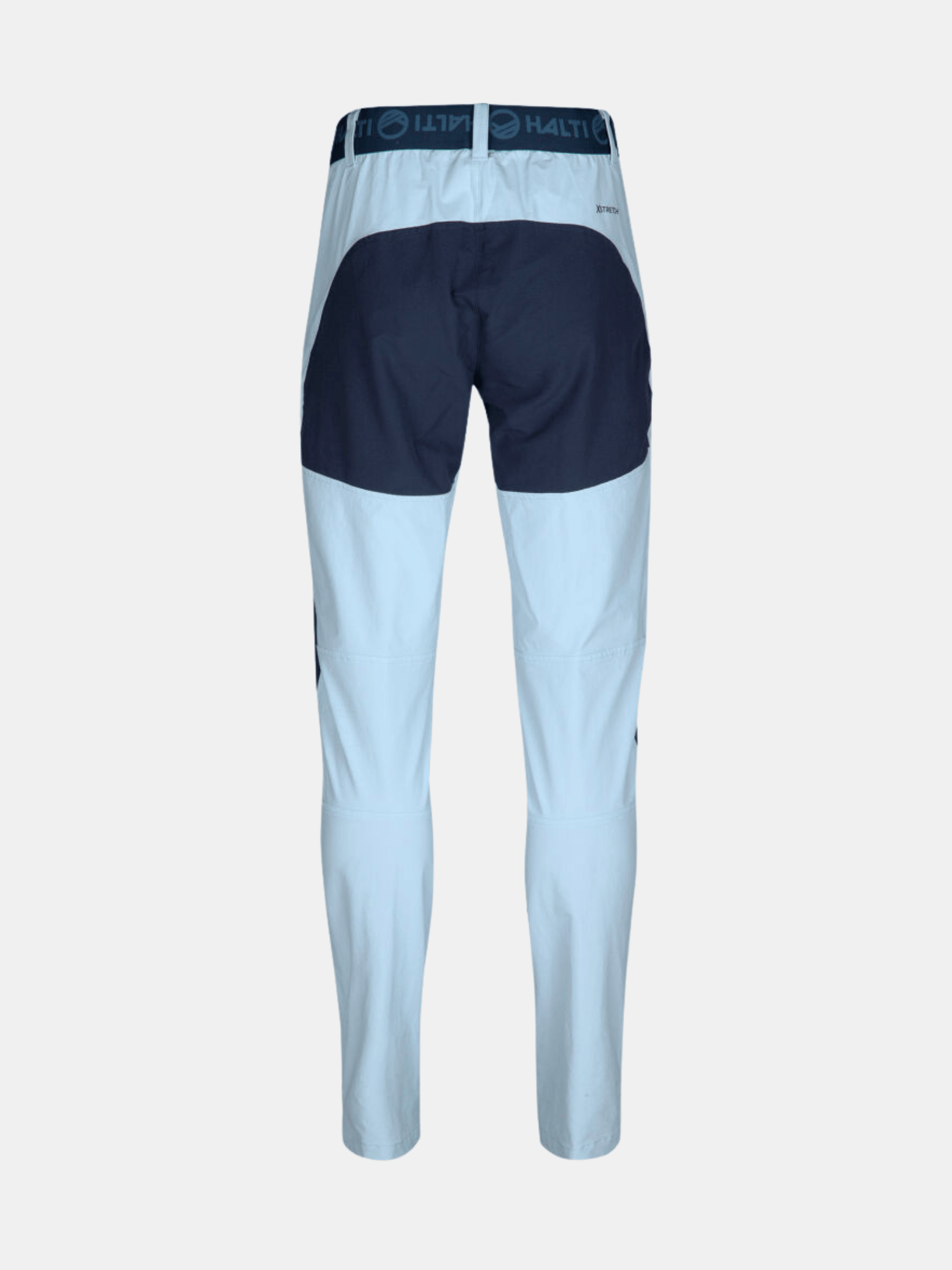 Halti Pallas II Damen X-stretch Outdoorhose in Hellblau mit dunkelblauen Sitzpatches, Rückansicht vor neutralem Hintergrund.