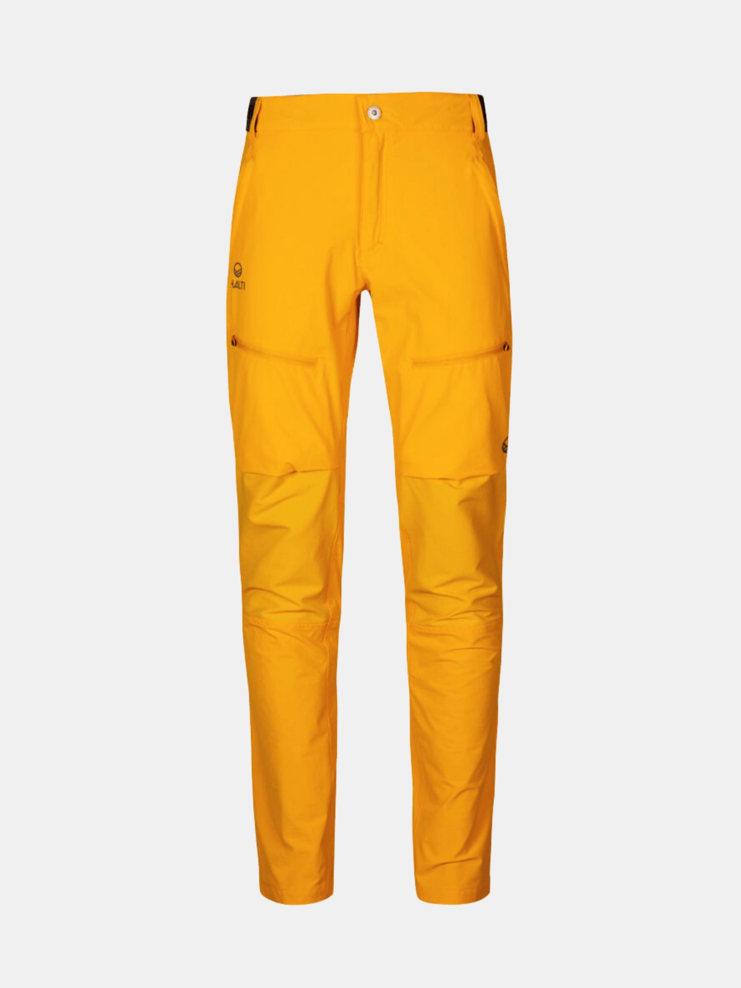 Die Halti Pallas II Damen X-Stretch Outdoorhose in leuchtendem Gelb verfügt über mehrere Taschen und einen Knopfverschluss.