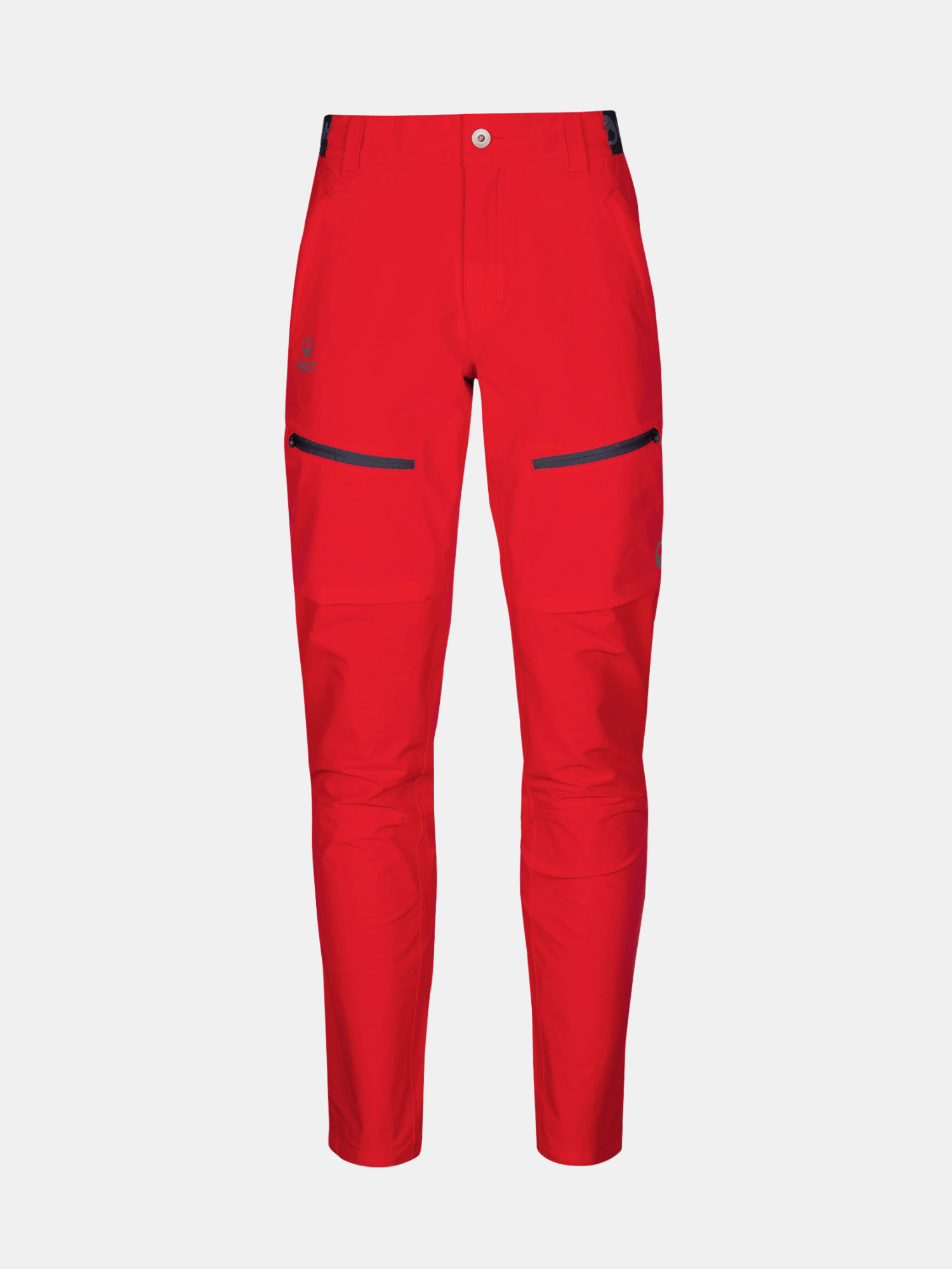 Die Pallas II Damen X-stretch Outdoorhose von Halti in Rot mit schwarzen Zipper-Taschen vor weißem Hintergrund.