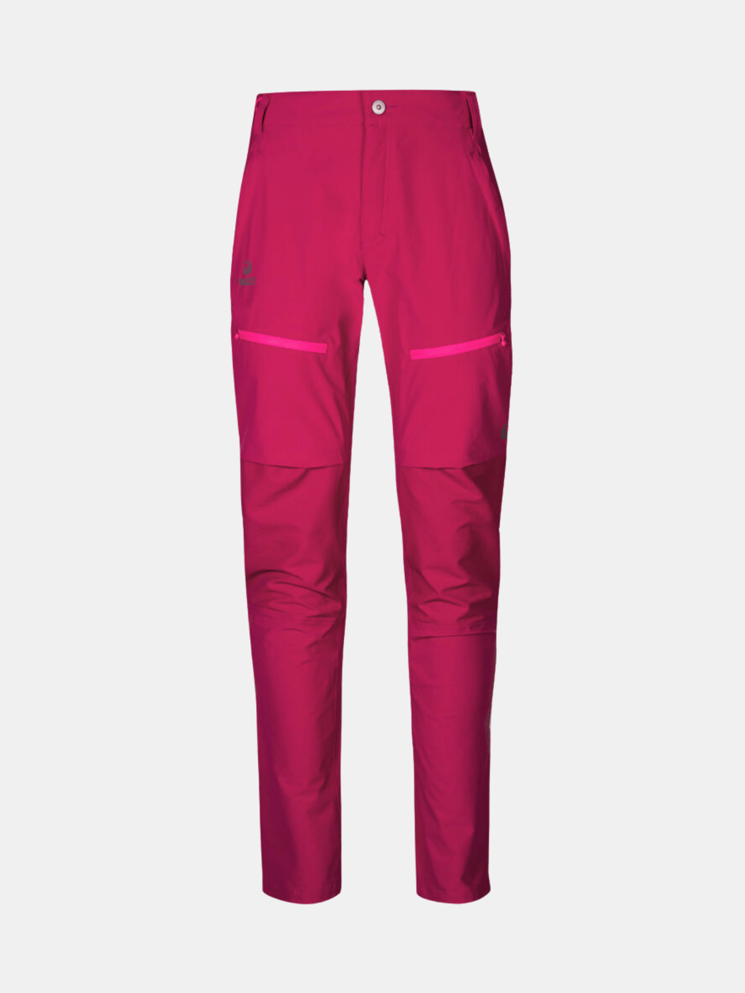 Halti Pallas II Damen X-Stretch Outdoorhose in leuchtendem Pink mit Reißverschlusstaschen vorne und Knopfverschluss auf weißem Hintergrund.