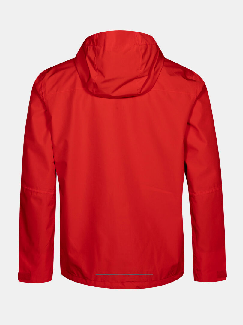 Die Halti Forter DX Herren-Regenjacke in Rot wird von hinten vor weißem Hintergrund gezeigt – ideal für Outdoor-Aktivitäten.