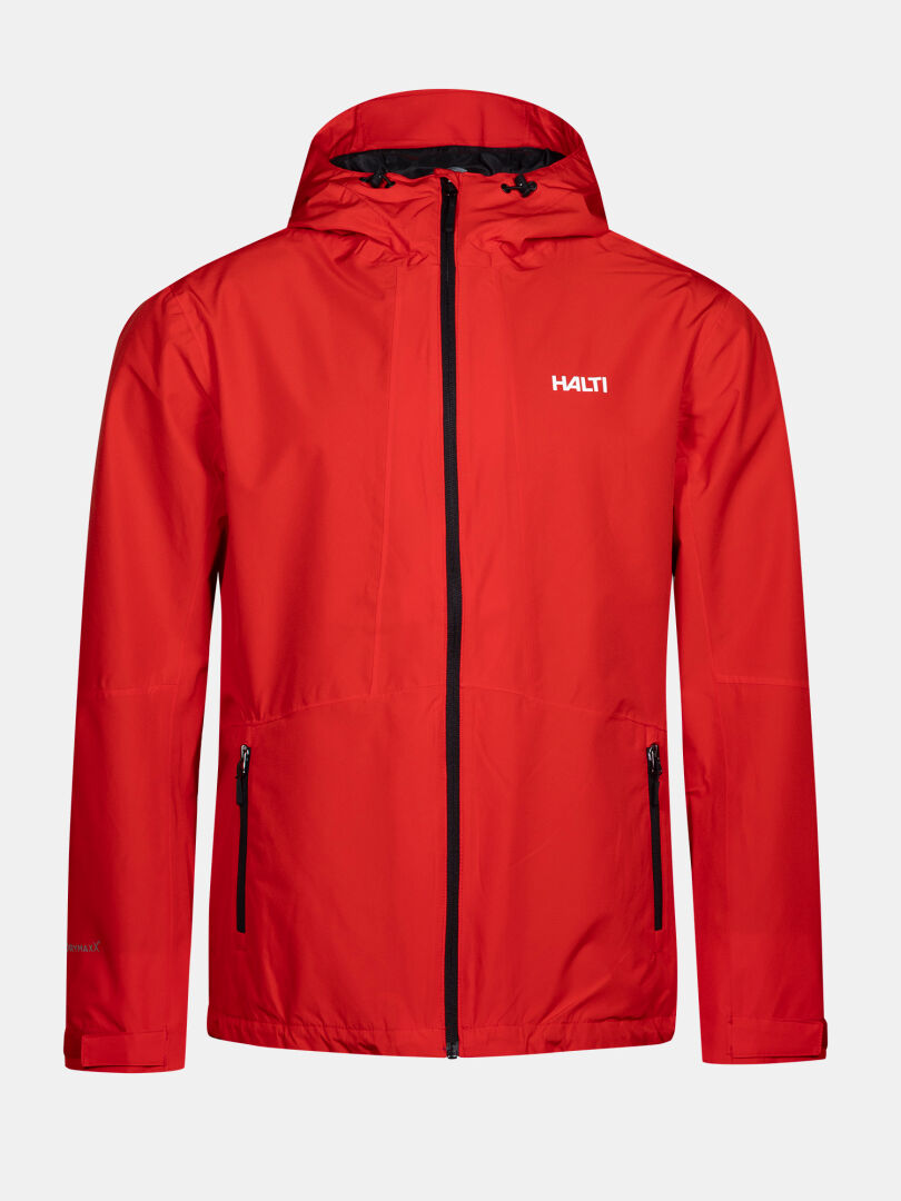 Die Halti Forter DX Herren-Regenjacke in Rot ist wetterfest, verfügt über zwei Taschen und eignet sich ideal zum Wandern.