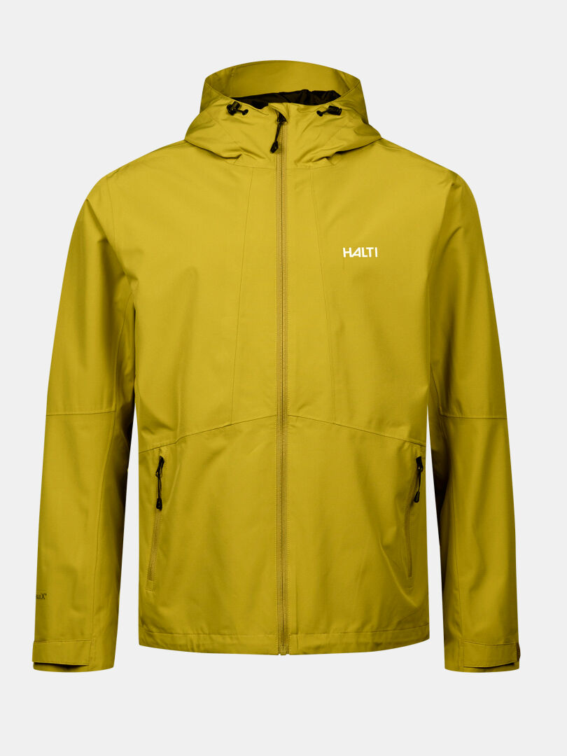 Die Halti Forter DX Regenjacke Herren in gelb hat Reißverschlusstaschen und einen Frontreißverschluss - ideal für Outdoor-Aktivitäten.