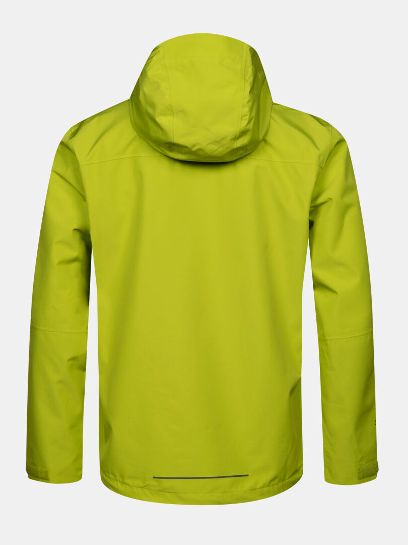 Die Halti Forter DX Regenjacke für Herren in Gelb-Grün, hier von hinten gesehen, ist eine perfekte wetterfeste Outdoorjacke.
