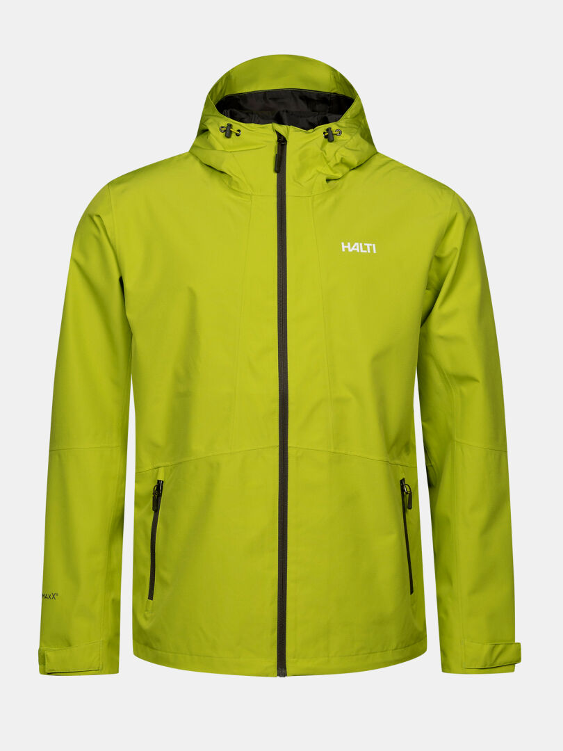 Eine leuchtend grüne Halti Forter DX Regenjacke für Herren mit schwarzen Reißverschlüssen und Logo, ideal für Outdoor-Aktivitäten.