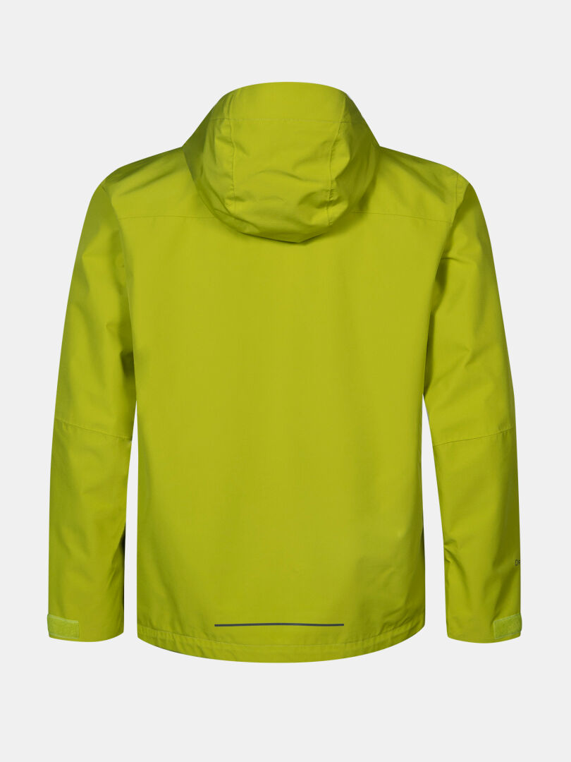 Eine lindgrüne Halti Forter DX Regenjacke Herren von hinten auf einem schlichten weißen Hintergrund gezeigt.