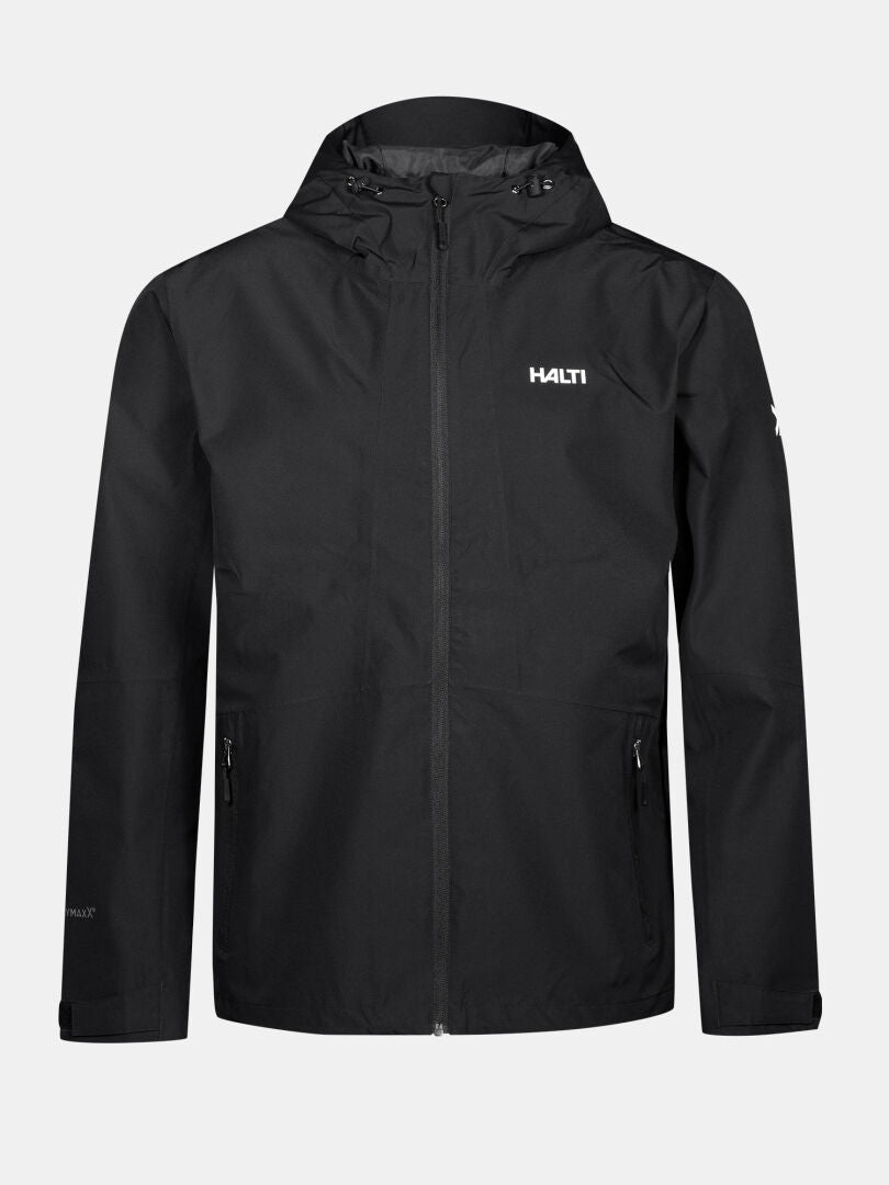Die Halti Forter DX Regenjacke für Herren: schwarz, Kapuze, Frontreißverschluss, 2 Taschen und Logo auf der Brust.