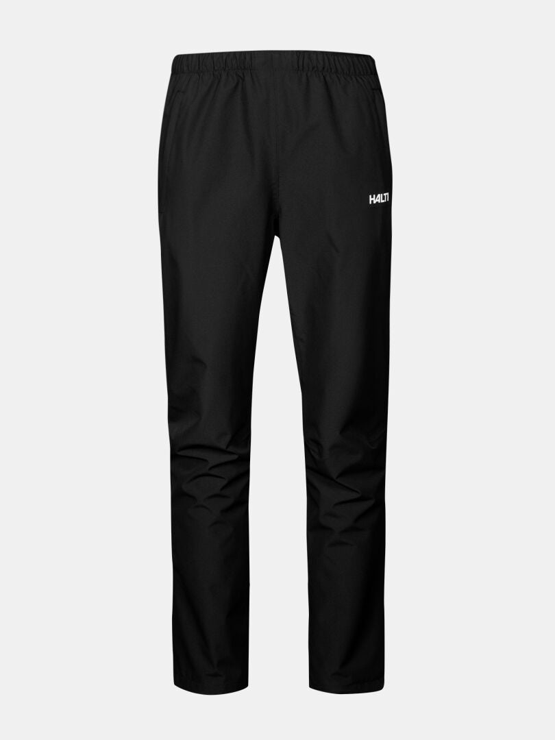 Schwarze Forter DrymaxX Regenhose Herren von Halti mit elastischem Bund und weißem Logo-Patch, ideal für Outdoor-Aktivitäten.