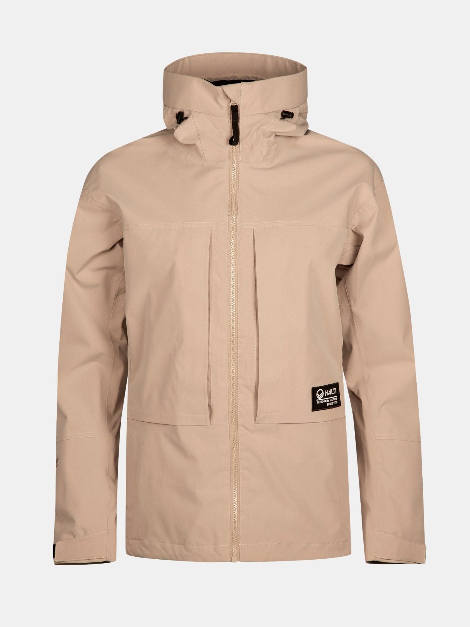 Die Halti Hiker II DrymaxX Regenjacke Damen ist beige mit Frontreißverschluss, Brusttaschen und wasserdichter DrymaxX®-Membran.