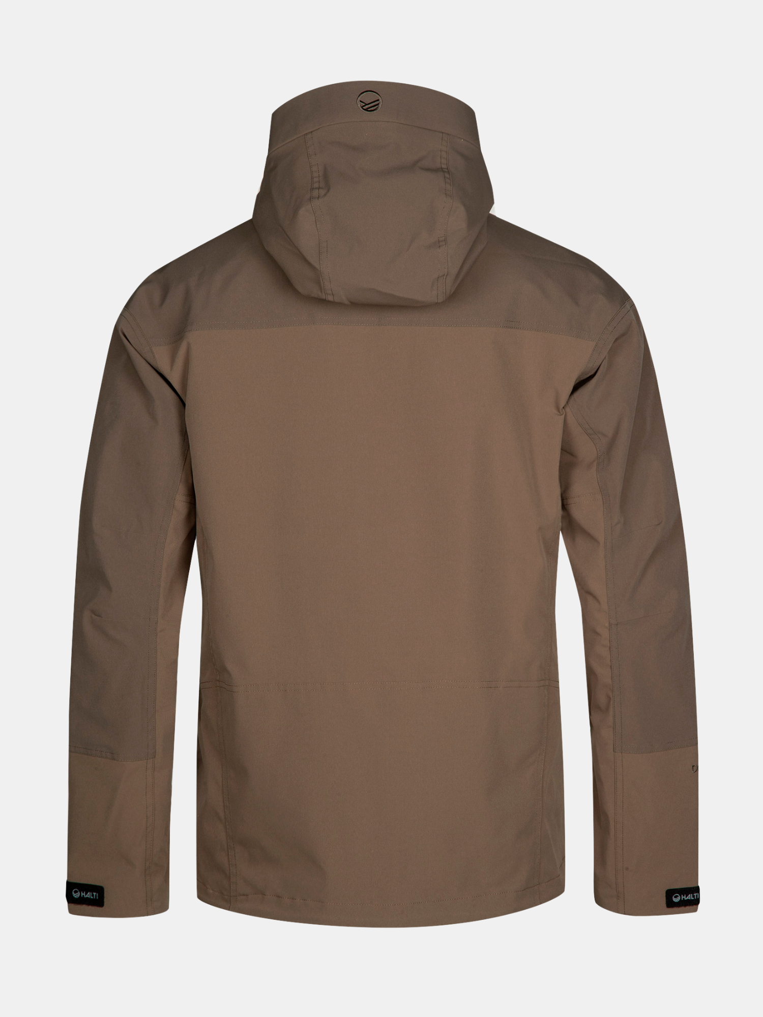 Abgebildet ist eine Halti Hiker II DrymaxX Regenjacke Herren in Braun von hinten, ideal für Outdoor-Enthusiasten und Abenteuer.