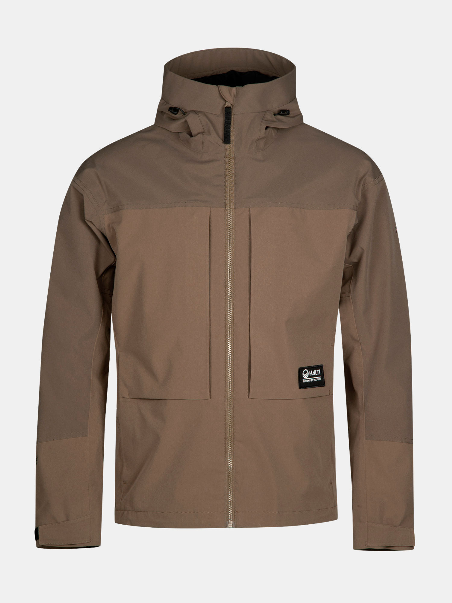 Eine braune Halti Hiker II DrymaxX Regenjacke für Herren mit Frontreißverschluss, Brusttaschen und einem Logo-Patch am Saum.