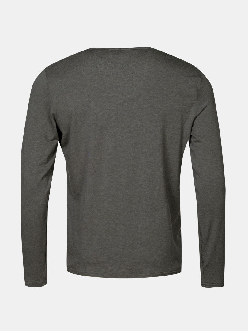 Das Halti Tuntu II Longsleeve Merinoshirt Herren in dunkelgrau, von hinten auf hellgrauem Hintergrund dargestellt.