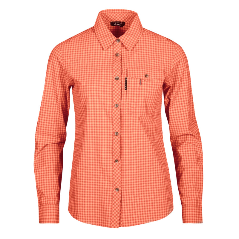 Halti Kota Outdoor Bluse Damen mit rot/weißen Karos, langen Ärmeln, Brusttasche, Kragen und atmungsaktivem Active Dry-Gewebe.