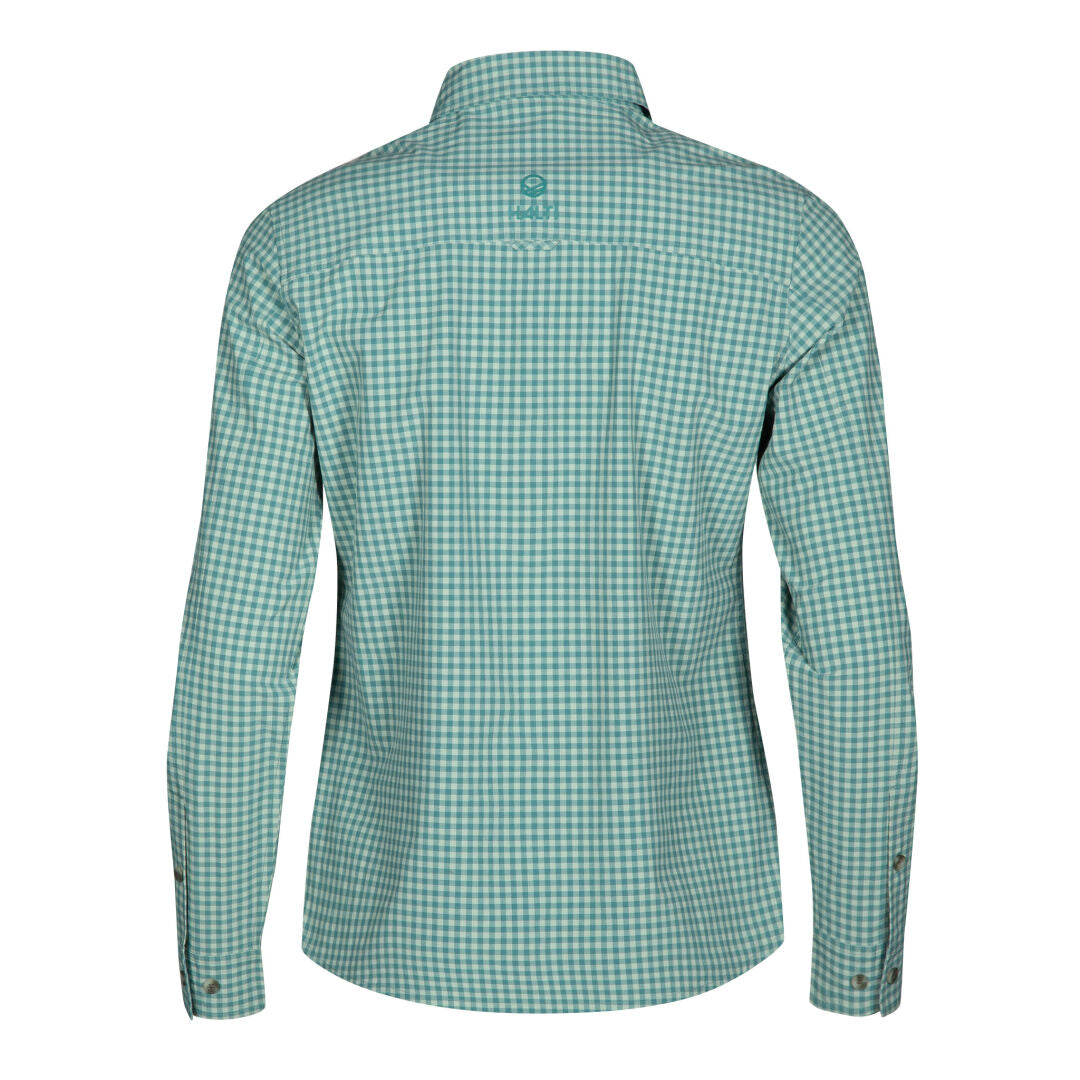 Die Halti Kota Outdoor Bluse Damen in grün-weiß kariert verfügt über geknöpfte Manschetten, Kragen und eine Rückansicht.