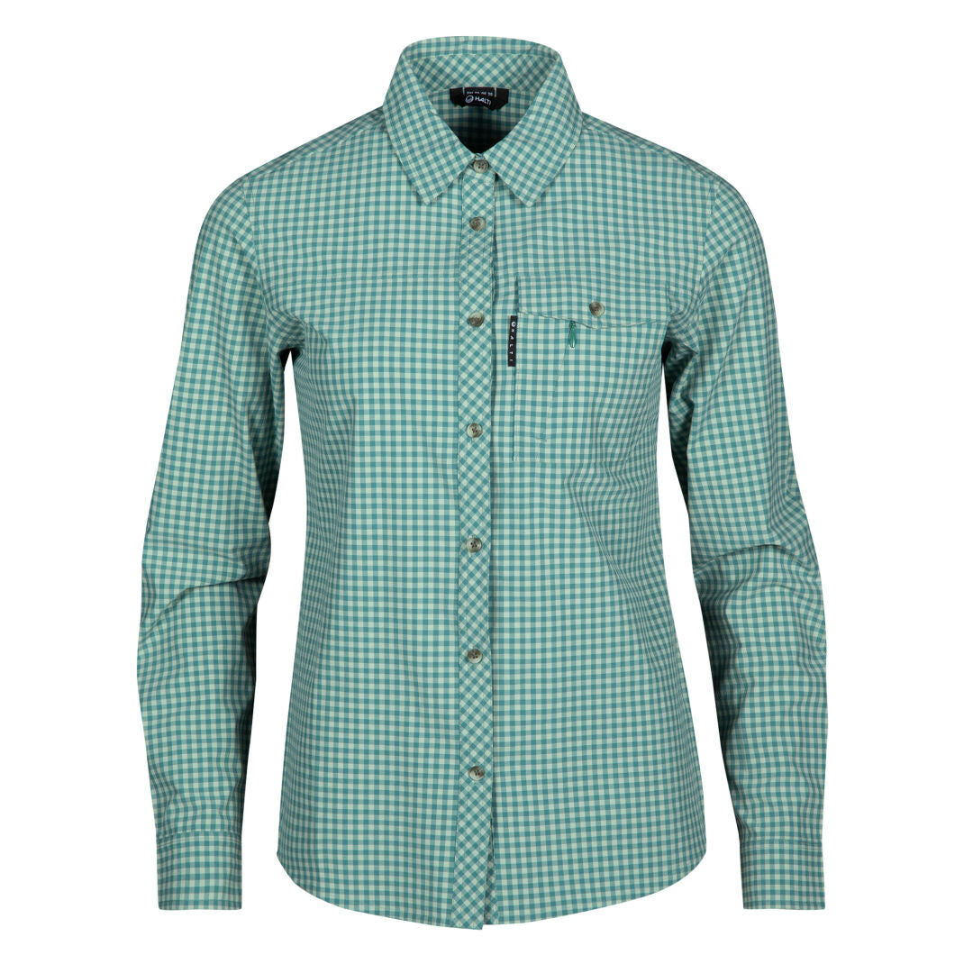Die Halti Kota Outdoor Bluse Damen aus Active Dry: grün-weiß kariert, langärmelig, mit Kragen und Brusttasche.