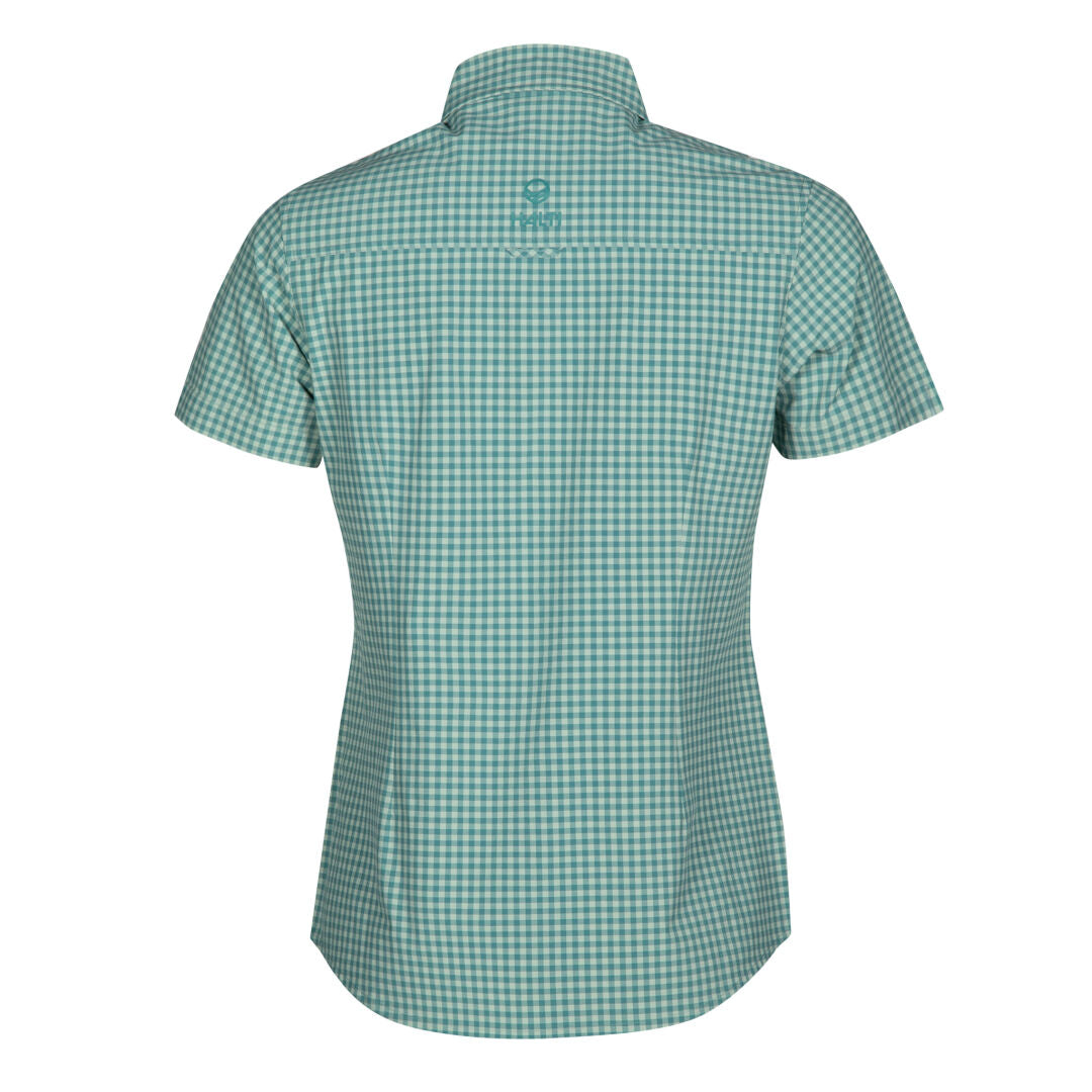 Das Halti Kota Outdoor T-Shirt Damen verfügt über ein grün-weißes Karodesign, Active-Dry-Material und eine abgebildete Rückansicht.