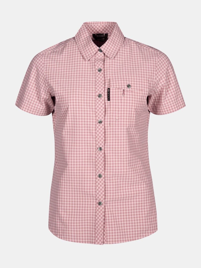 Das Halti Kota Outdoor T-Shirt Damen hat rosa-weiße Karos, kurze Ärmel, eine Brusttasche und Active-Dry-Material.