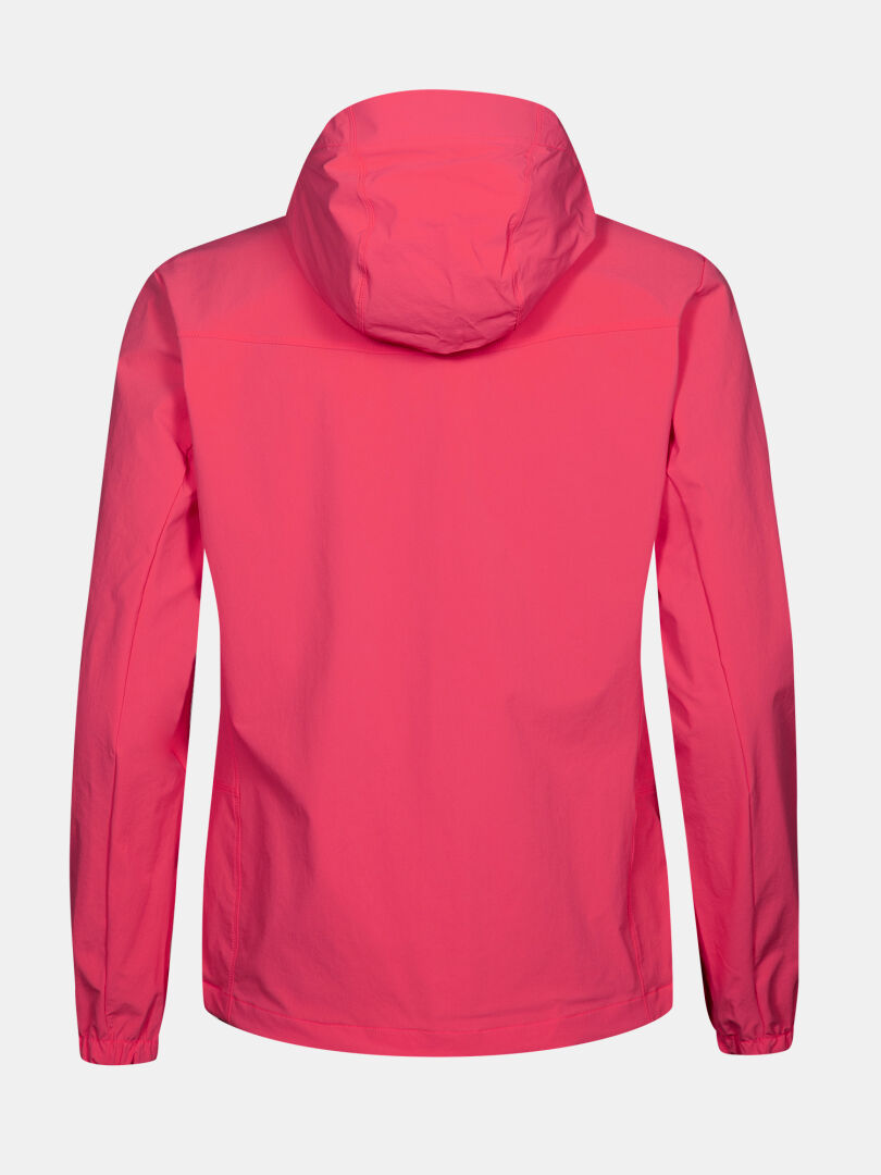 Die Halti Pallas Evo X-stretch-Jacke Damen zeigt sich von hinten in leuchtendem Pink, mit langen Ärmeln und einem schlichten Design.