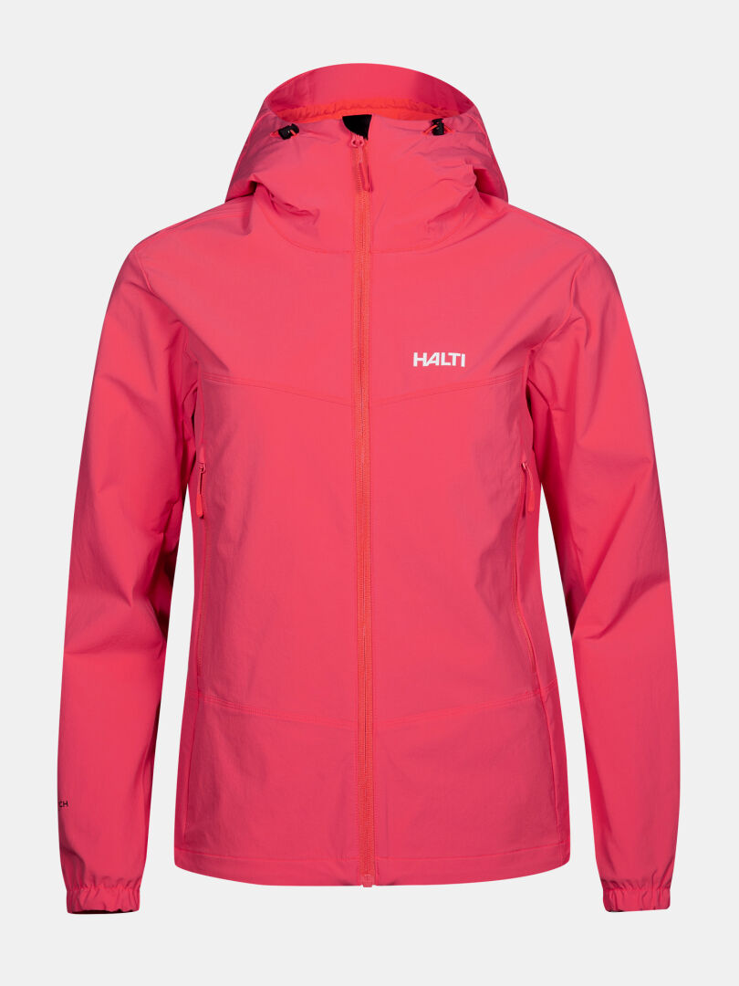 Die Halti Pallas Evo X-stretch-Jacke Damen ist eine leuchtend pinke, atmungsaktive Outdoor-Jacke mit Frontreißverschluss und Logo.