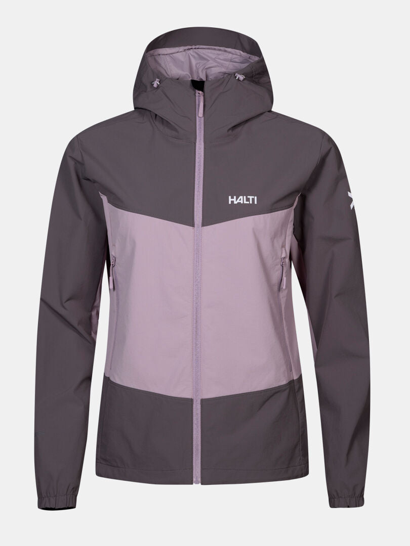 Halti Pallas Evo X-stretch-Jacke Damen: zweifarbig hell-/dunkellila, Kapuze, Reißverschluss vorne, Logo auf Brust und Ärmel.