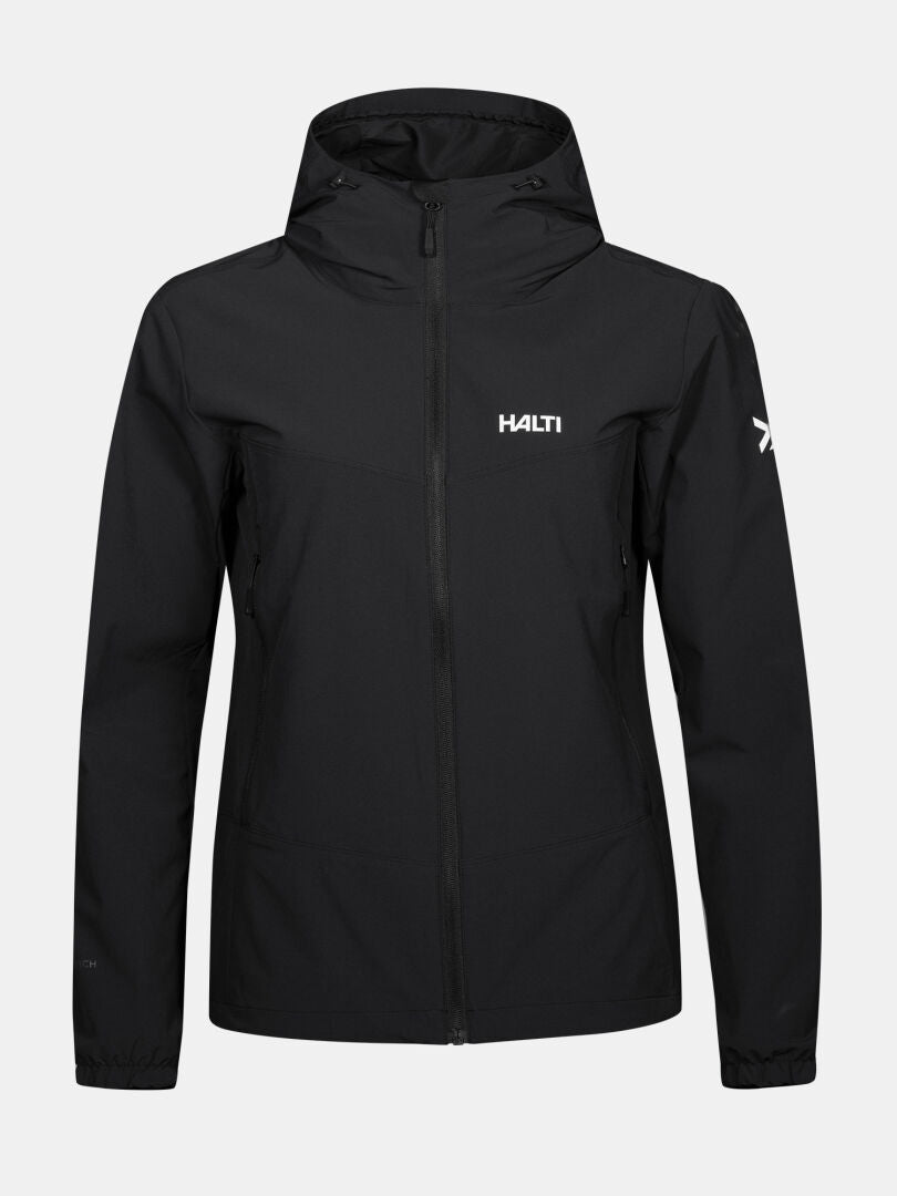 Die Halti Pallas Evo X-stretch-Jacke Damen ist eine schwarze, atmungsaktive Outdoor-Jacke mit Logos auf Brust und Ärmel.